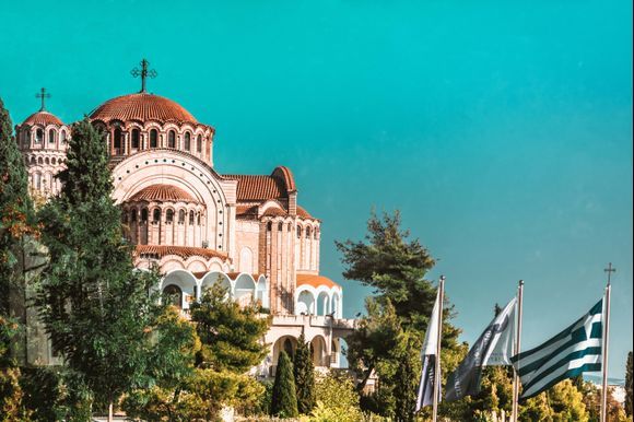 Church of Aghios Pavlos, view from Sightseeing Bus, Thessaloniki, August 2019