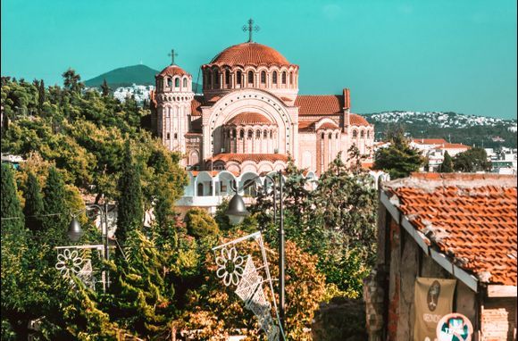 Church of Aghios Pavlos, view from Sightseeing Bus, Thessaloniki, August 2019