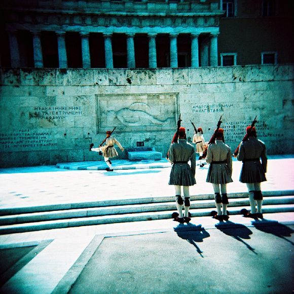 The regal changing of guards at the Parliament Building in Athens.