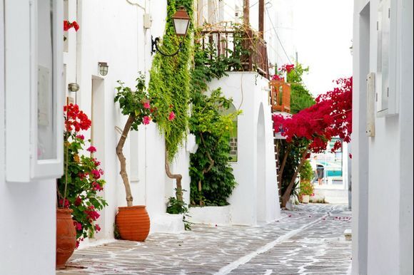 
📍Paroikia, Paros 
Parikia is built amphitheatrically around the port and has beautiful whitewashed houses!
