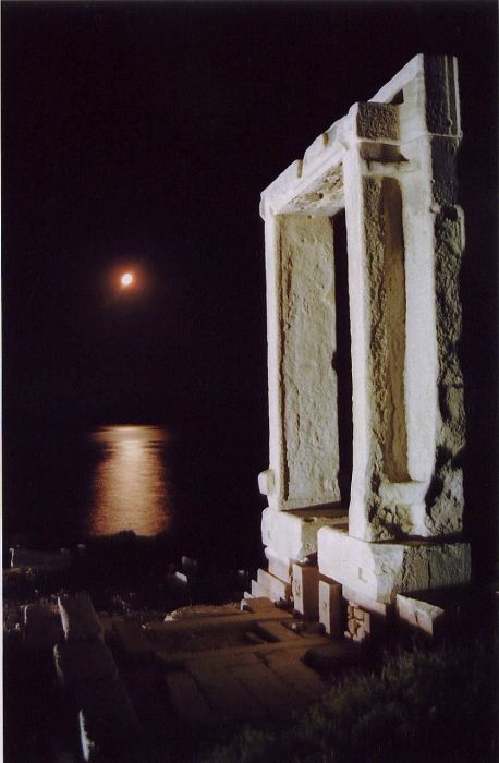 Portara at 3AM with a full moon reflecting off the water