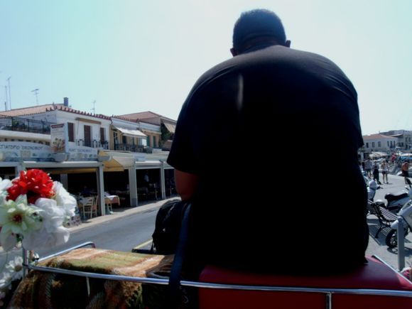 Making a tour with the 'ecologic' and touristic transport of Aegina (horse-moved carriage).