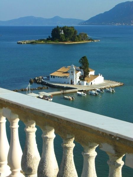 Pontikonisi island and Vlacheraina monastery seen from the hilltops of Kanoni, Corfu