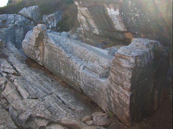 Kouros statue, 10.7 metres in length, made of Naxian marble, lying where it was discovered by archaelogists
