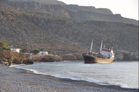 a cargo ship stranded on the beach of Kato Zakros.