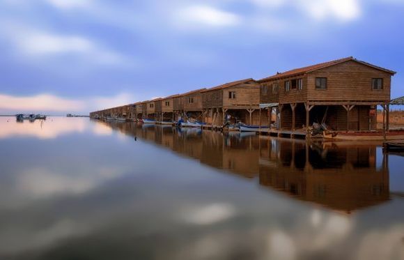Huts of mussel growers at Axios delta national park (Macedonia, Greece)