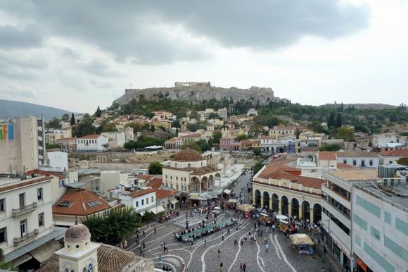 A view of Monastiraki square and Acropolis from AforAthens hotel roof garden