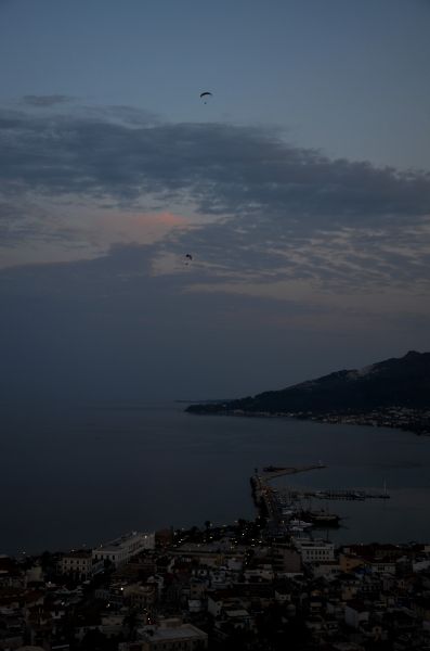 Microlight hang gliders over Zakynthos town