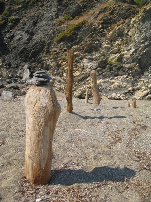 Close-up of some of the artistically arranged driftwood on Perivolou beach.