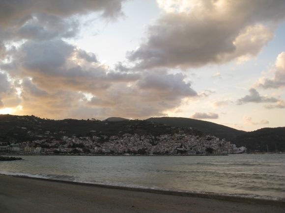 Sunset over Skopelos town and beach