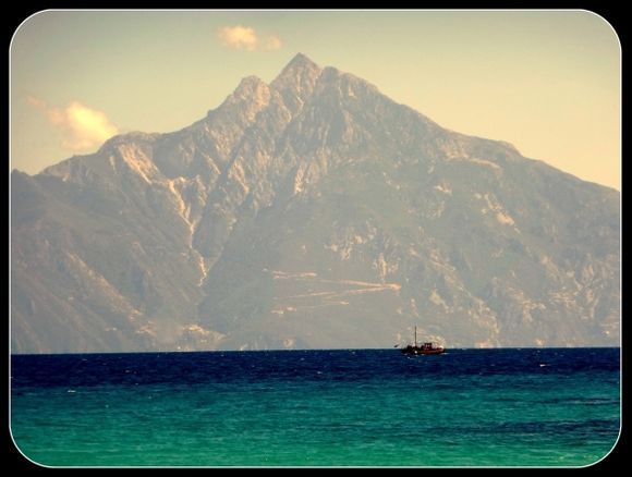 Great view of Mount Athos from a beach on the Sithonia Peninsular.