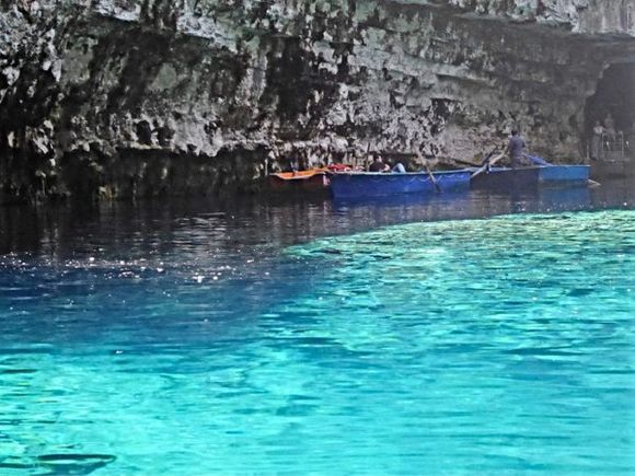The beautifully cleat emerald green water at Melisanni Cave