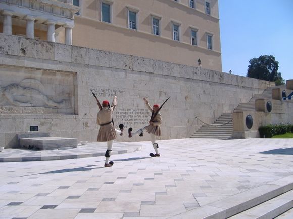 Greek soldiers on guard outside the tomb of the unknown soldier