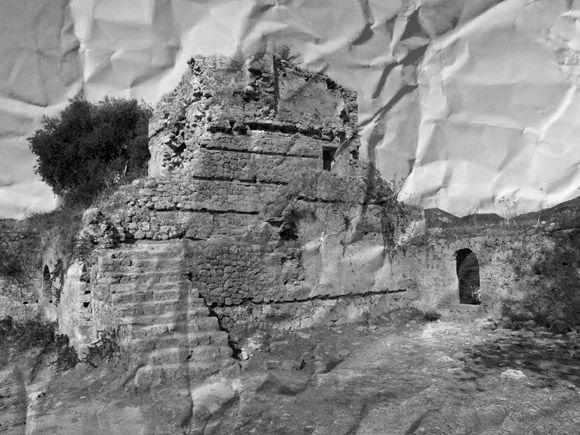 Parga castle, wrinkled photo effect