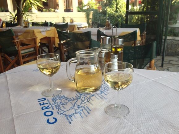 Wine at local restaurant in Dassia, Corfu