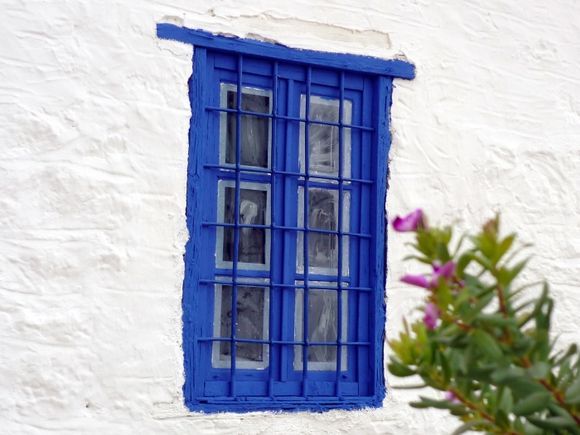 Spetses village, blue window
