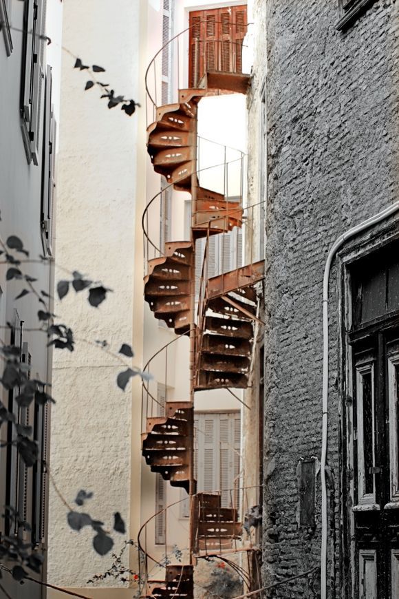 Typical spiral staircase that is mounted on the outside of the houses.