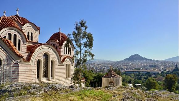 Church of St Marina in Thissio, Lykavittos Hill in background