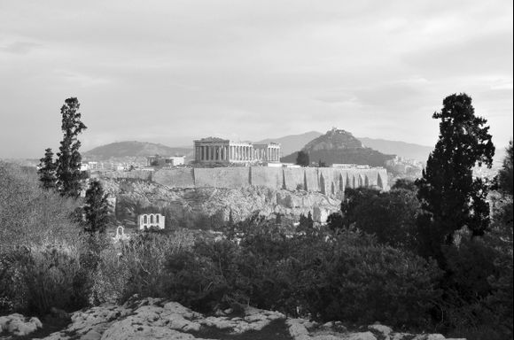 A timeless scene of the Acropolis Hill from a nearby hillside.