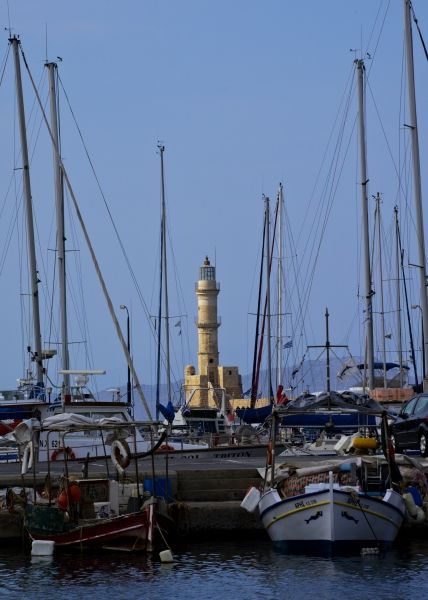 A morning view of Chania Venetian  Lighthouse in the old harbor.
