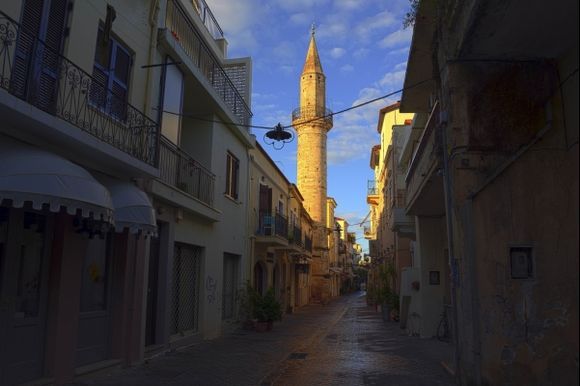 A morning view of the Ahmet Aga Minaret on Daliania St., Chania, a reminder of the city\'s Turkish past..