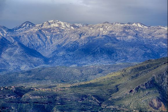 Lefka Ori (White Mountains) as seen from the Akrotiri peninsula near the village of Sternes. The village of Megala Chorafia is in the lower left of the image.