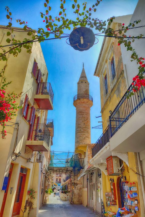 Ahmet Aga Minaret, one of Chania's two remaining minarets from the Ottoman era is located on Chatzimichali Daliani Street.