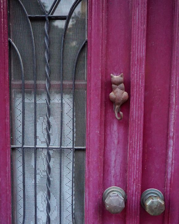 Traditional Cretan door in Old Town with crochet curtain...cats are everywhere but you rarely see one as a door knocker :-)