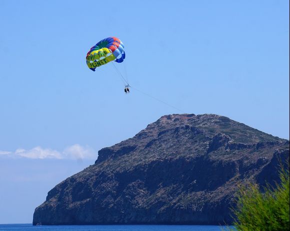 Double parasail at Platanias Beach with Agios Theodoros island in the background.