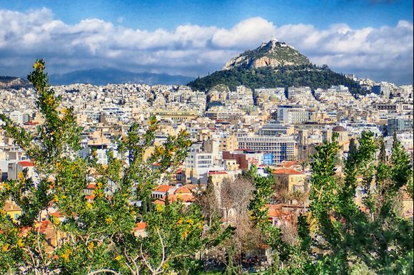 Lycabettus Hill (sometimes spelt Lykavitos) is the highest point of Athens. This shot taken from the slopes of the Acropolis.