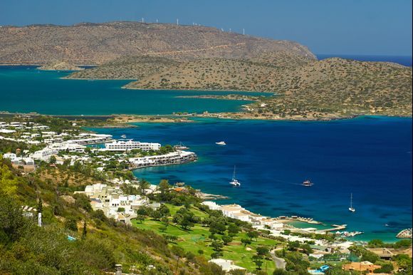 View of Elounda from the south on road from Agios Nikolaos.