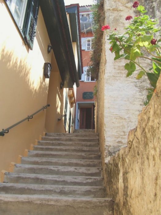 A steep flight of stairs leading up to our hotel in the old town of Nafplion