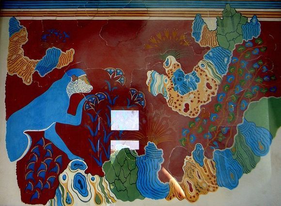 Fresco depicting light blue monkey picking saffron flowers in garden of Palace of Knossos