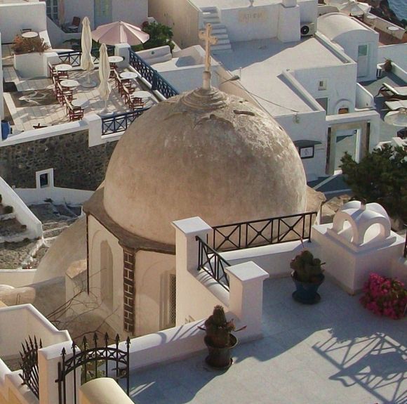 Unusual coloured church, Fira Town.