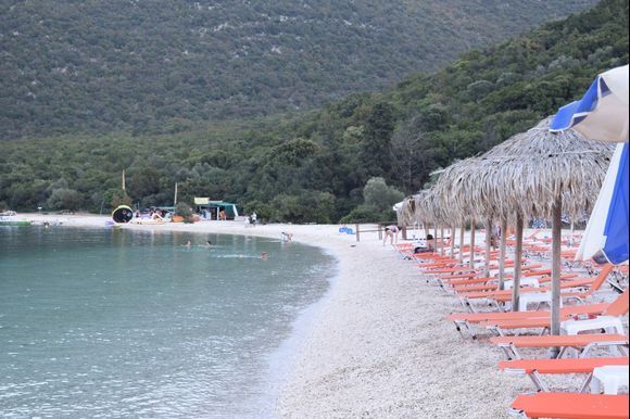 Our very favourite beach - Antisamos. Although not sandy, the bars are good (go to the far one), the sunbeds are fee (if you buy food/drink at the bar), and the snorkeling is very good (take some bread to attract huge shoal of of fish).