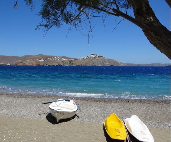 Agios Constantinos Beach, Astypalaia, with distant views of the Chora across the water.