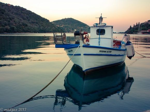Typical Greek fishing boat, Sivota, Lefkada Island, Ionian Islands. 2017.