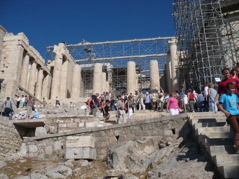 Visitors flock from all over the world to visit the Acropolis - view from below it as restoration work goes on