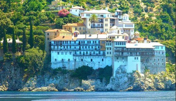 Colorful monastery (Athos) (Taken from the ferry boat)