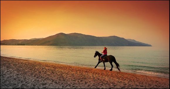 On the beach a woman is riding a horse into the sunset.