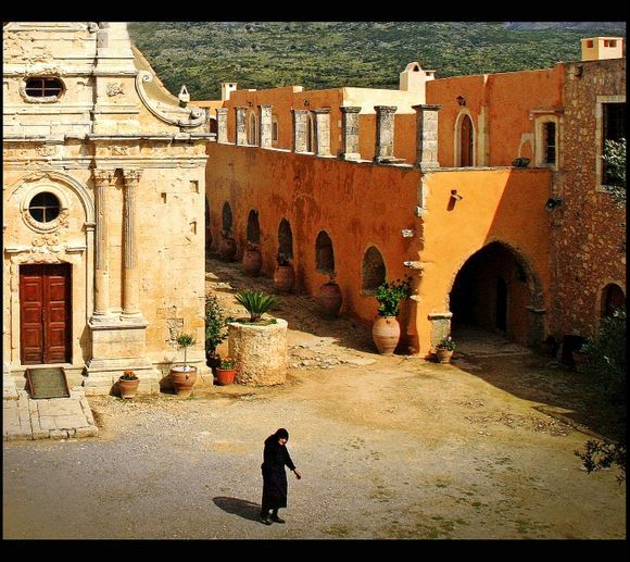 This a the monastery of arkadi, on crete, a 94 year old, onearmed nun is walking around doing her duties.