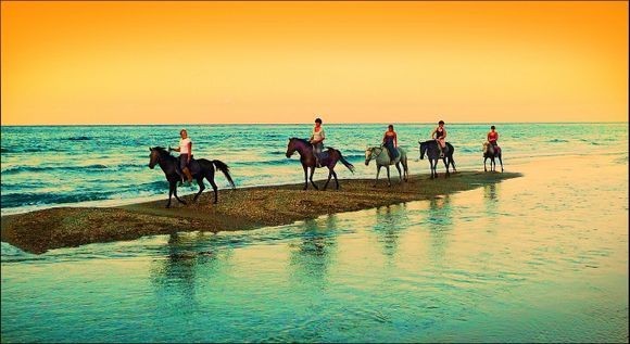 horseriding on the beach and through the water during a beautiful sunset