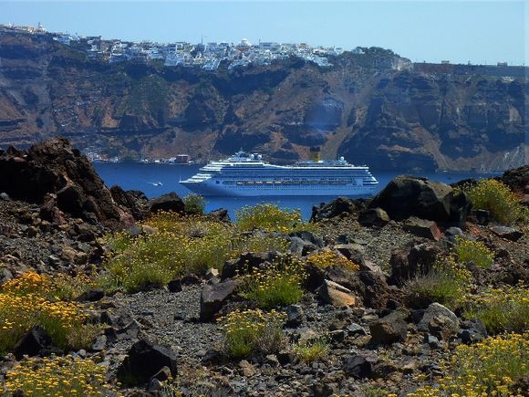 Seascape, Kameni island in spring and view of Fira