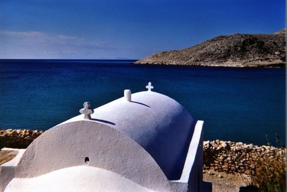 Seascape with white coastal church