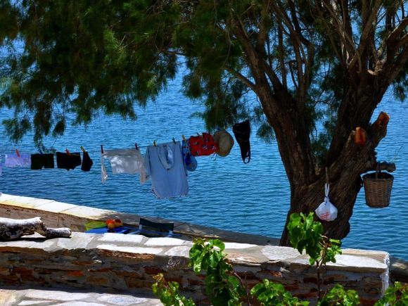 Seaside tree and laundry, Agios Stefanos bay