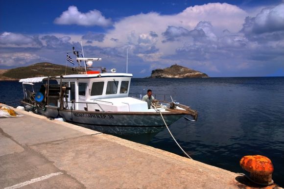 Fishing boat tied, Panormos seascape