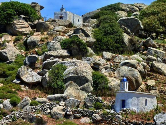 Boulders and churches landscape near Volax, Tinos island