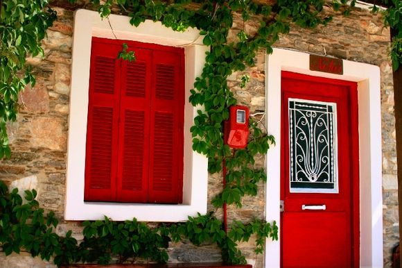 Pretty facade with red windows and creepers
