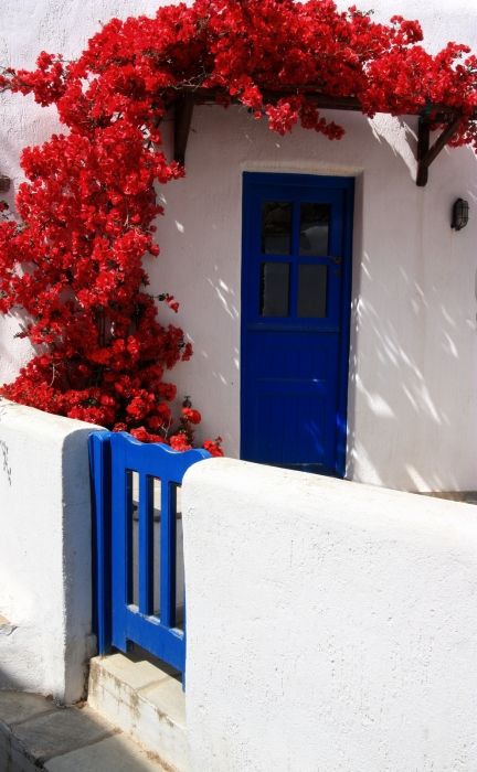 Facade with red bougainvillea and blue wooden gate