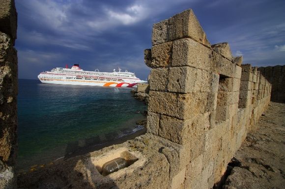 Cruiseship in Old Town with medieval wall